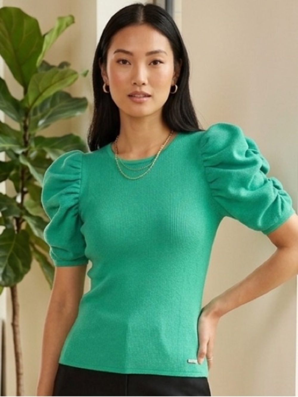 THML Kelly Green Retro Ruffle Sleeve Ribbed Knit Top M